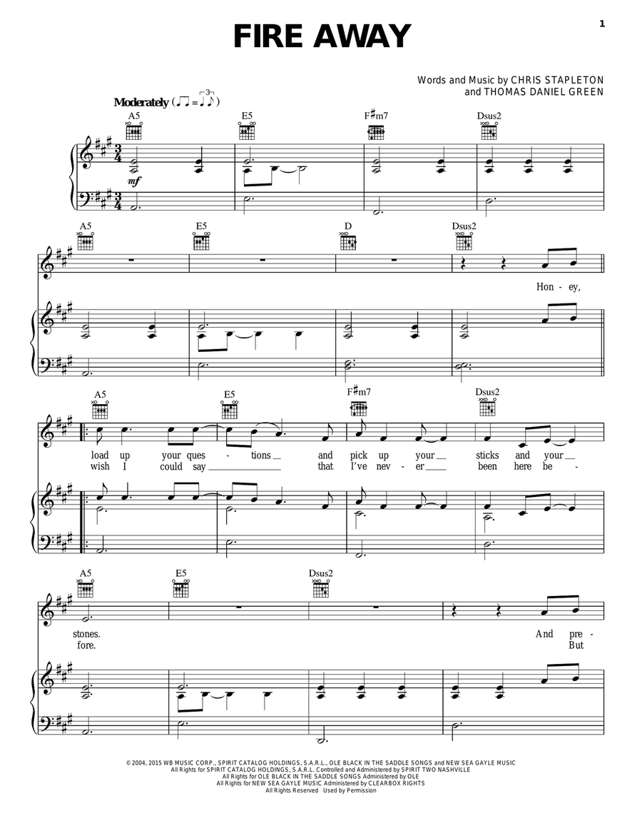 Fire Away Piano, Vocal, Guitar scores gallery preview page 1