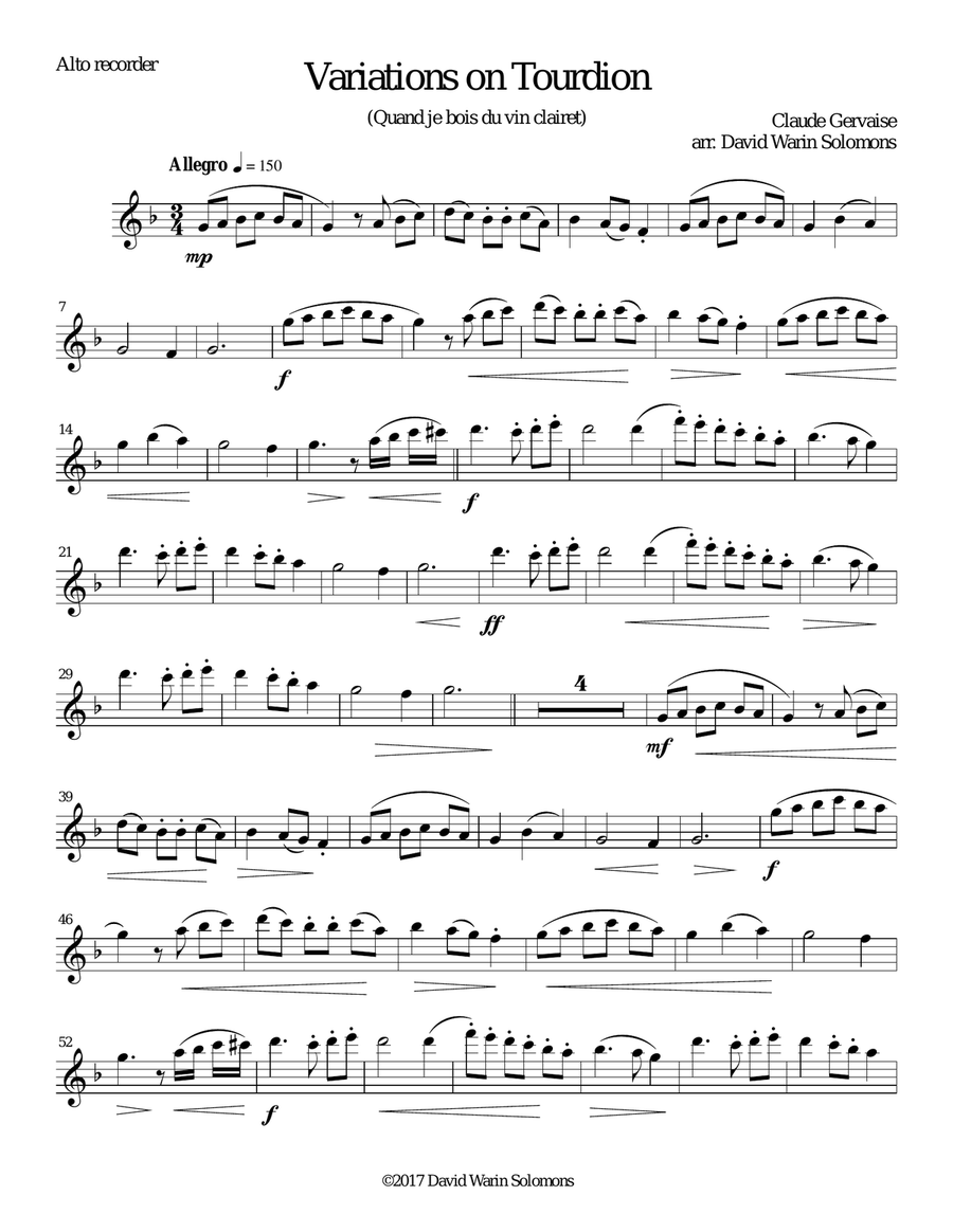 Tourdion (Quand je bois du vin clairet) for alto recorder and harp Alto Recorder scores gallery preview page 4