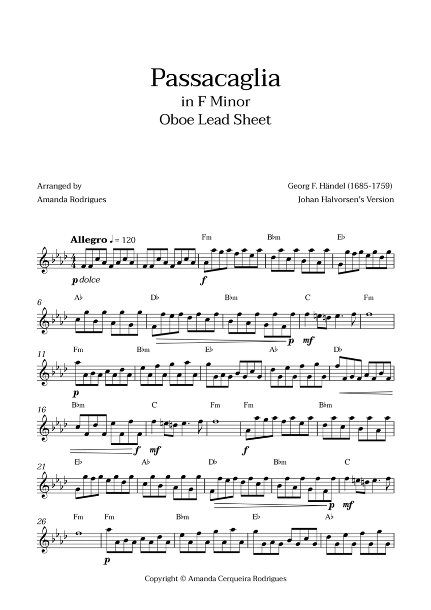 Passacaglia - Easy Oboe Lead Sheet in Fm Minor (Johan Halvorsen's Version) image number null