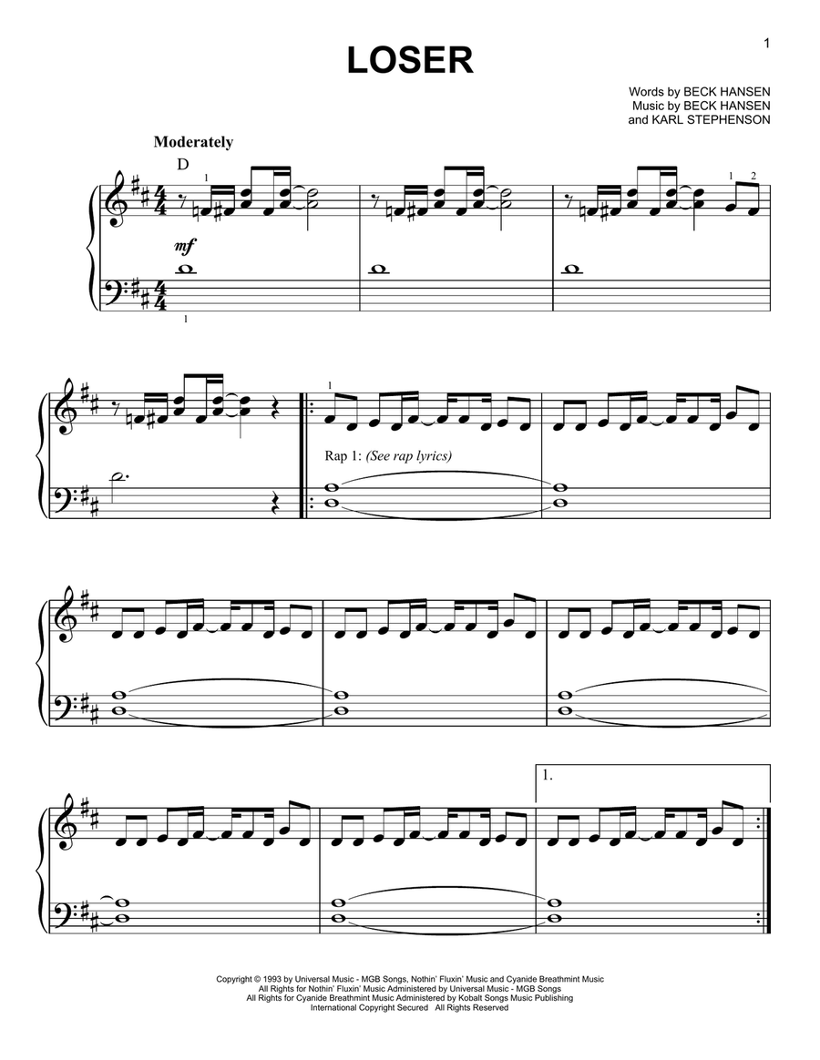 Loser Easy Piano scores gallery preview page 1