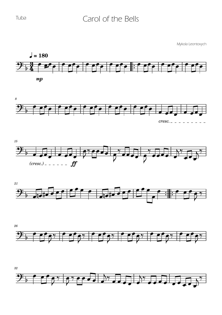 Carol of The Bells - Tuba Solo Tuba scores gallery preview page 1