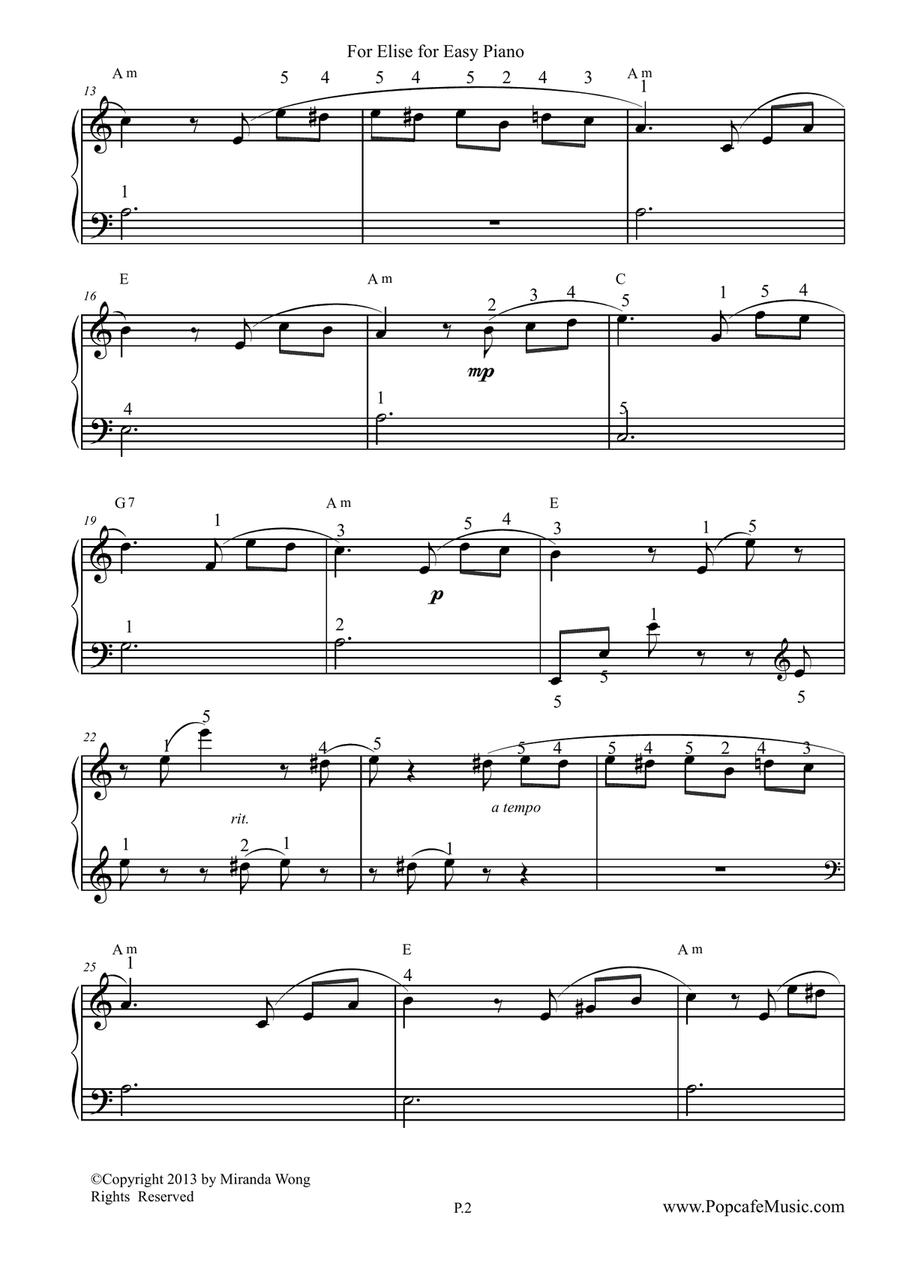 For Elise - Easy Piano Version (With Fingerings) 4-Part scores gallery preview page 2
