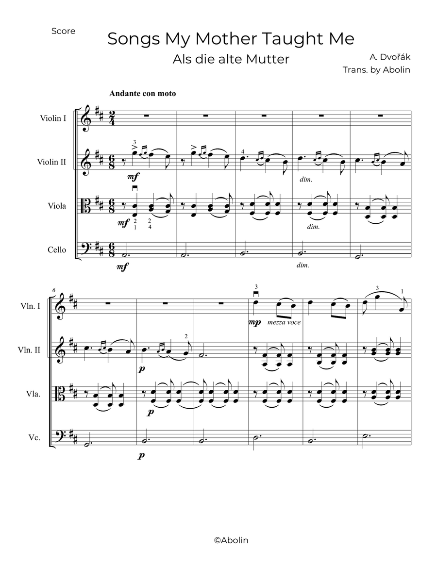 Dvořák: Songs My Mother Taught Me, Op.55 - String Quartet String Quartet scores gallery preview page 2
