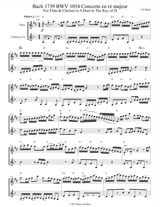 Bach 1739 BWV 1054 Concerto en ré majeur For Duet with Flute & Clarinet iin A in the Key of D