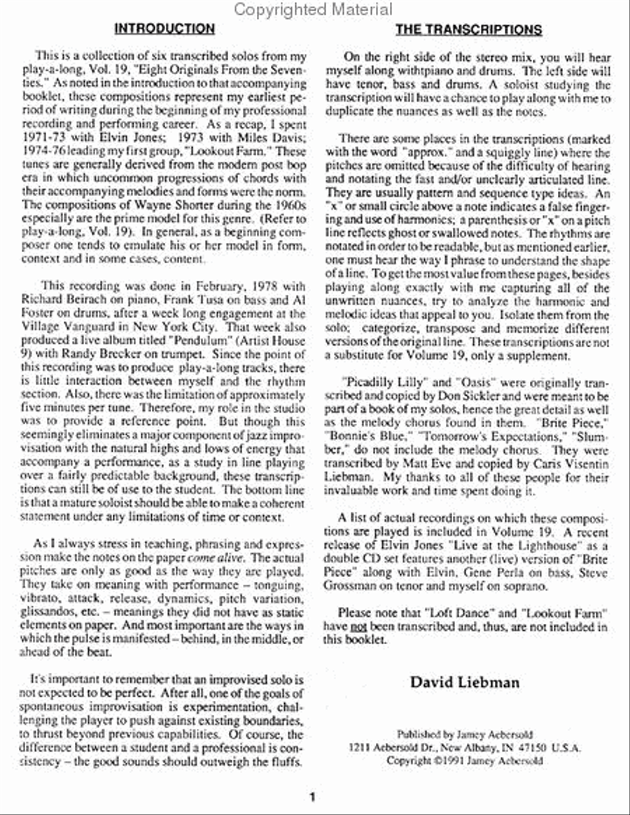 David Liebman Tenor Solos - Book/CD