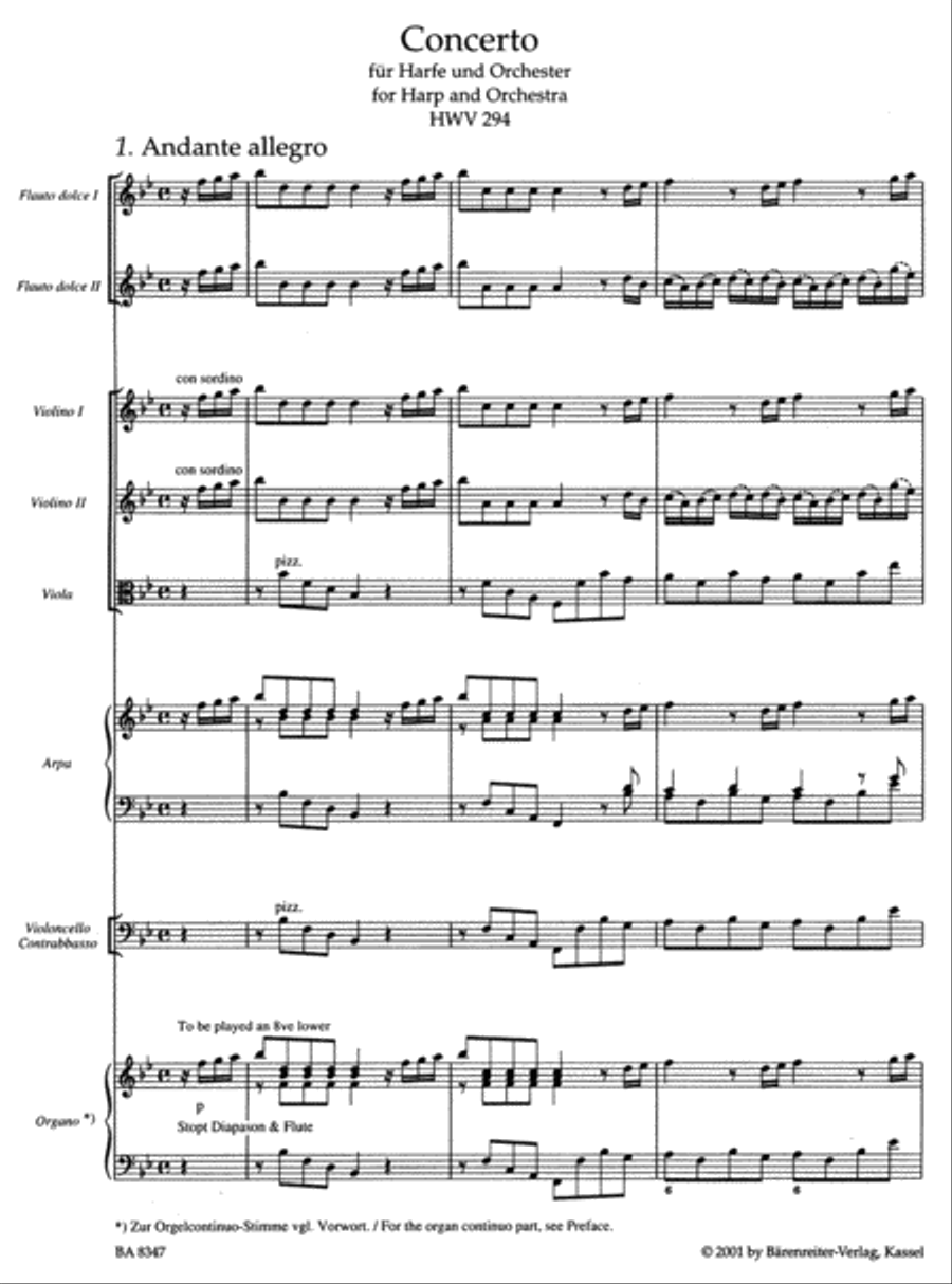 Concerto for Harp and Orchestra B flat major, Op. 4/6 HWV 294 Orchestra scores gallery preview page 2
