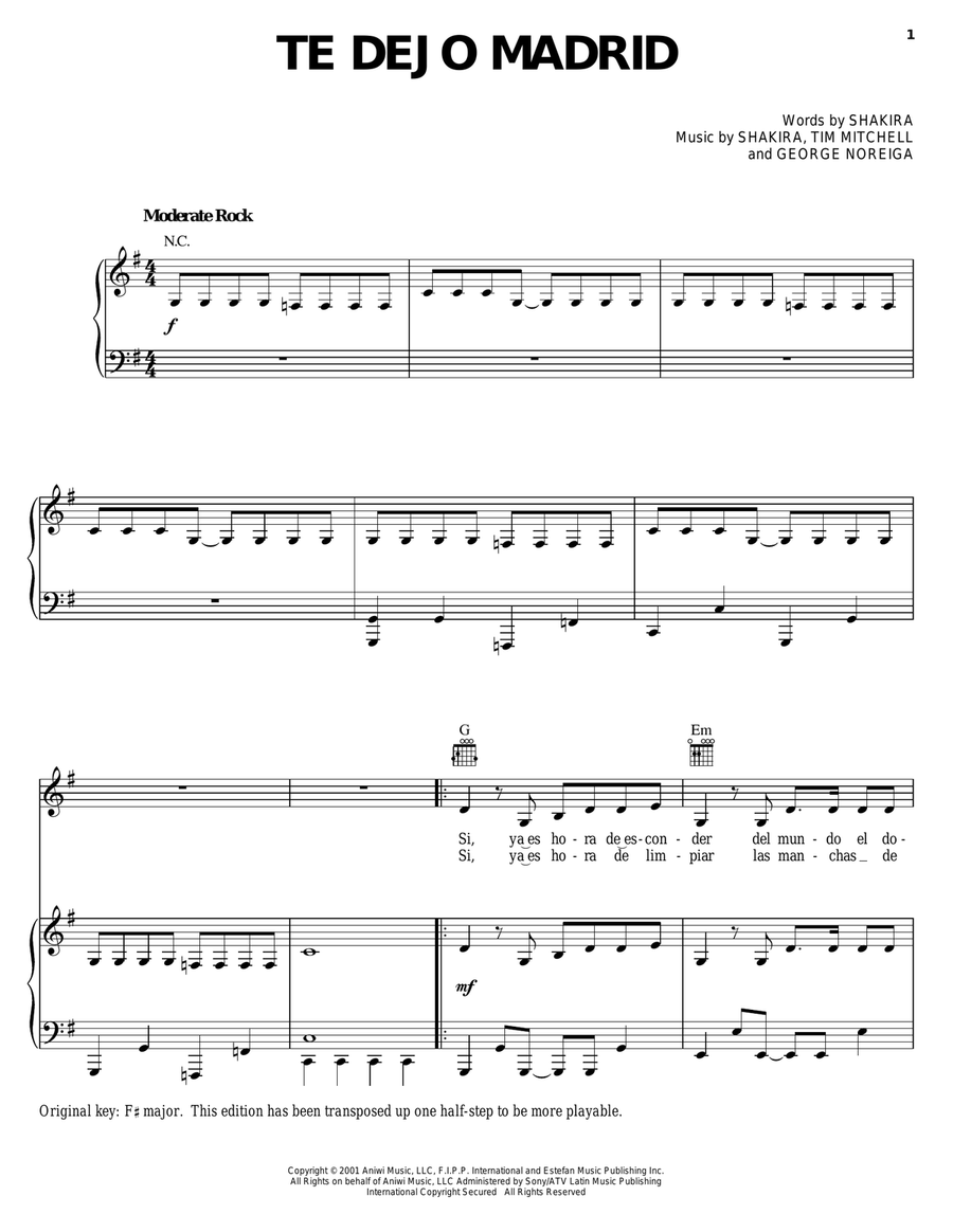 Te Dejo Madrid Te Dejo Madrid Piano, Vocal, Guitar scores gallery preview page 1