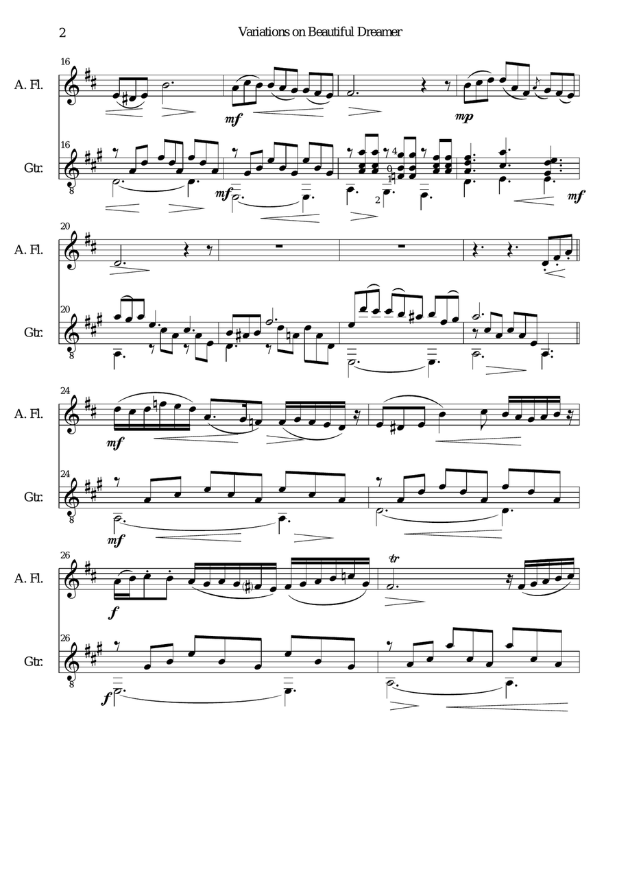 Variations on Beautiful Dreamer for alto flute and guitar Flute scores gallery preview page 2
