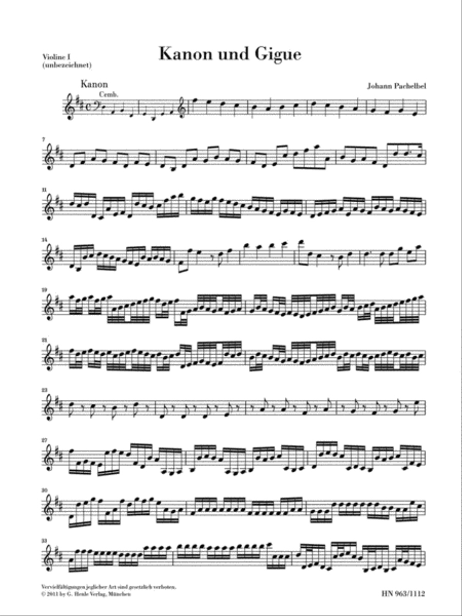 Canon and Gigue for Three Violins and Basso Continuo in D Major Violin scores gallery preview page 1