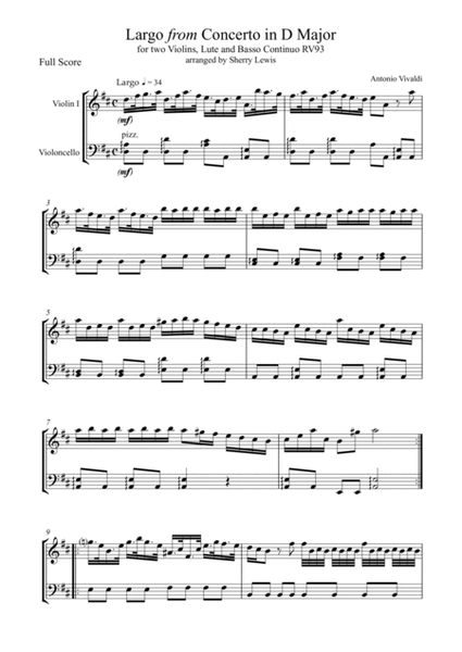LARGO from Concerto in D for 2 Violins and Lute, RV93, String Duo, Intermediate Level for violin and image number null