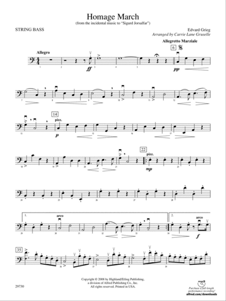 Homage March (from the incidental music to Sigurd Jorsalfar): String Bass String Orchestra scores gallery preview page 1