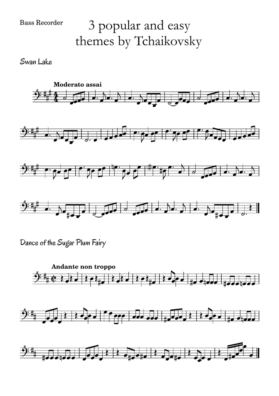 3 popular and easy themes by Tchaikovsky with accompaniment and chord symbols for Bass Recorder
