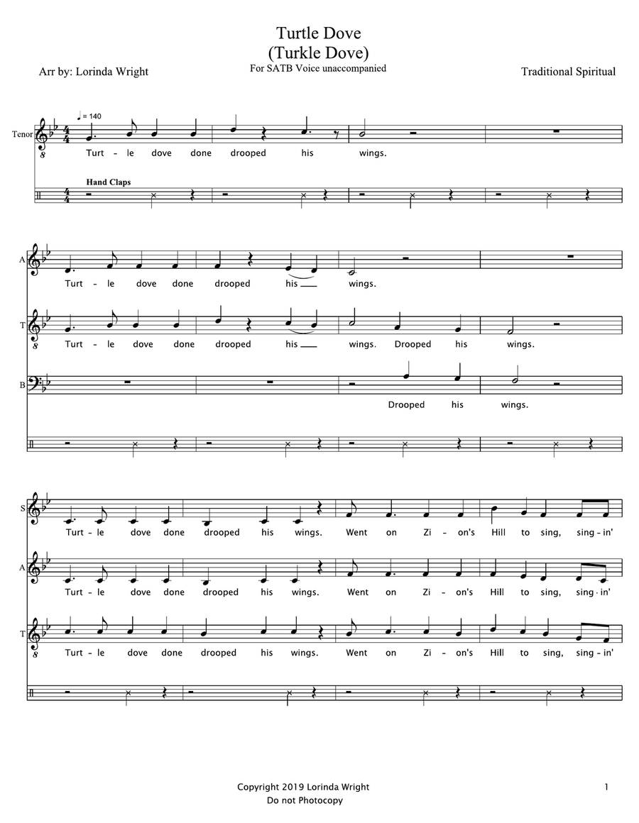Turtle Dove (Turkle Dove) by Traditional Spiritual 4-Part - Digital Sheet Music