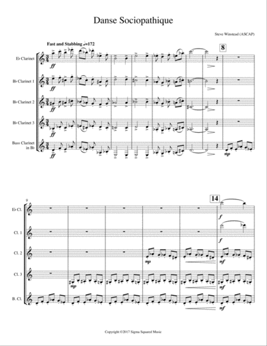 Danse Sociopathique for Clarinet Quintet or Choir Clarinet Quintet scores gallery preview page 3