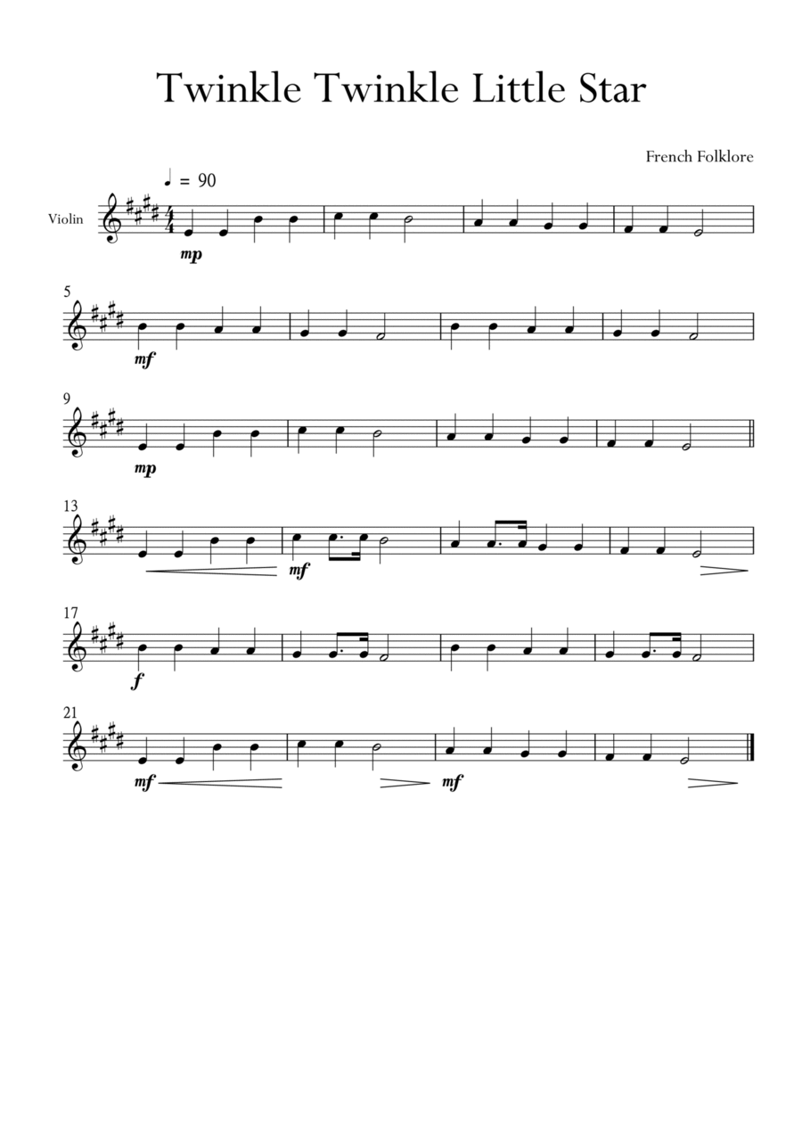 Twinkle Twinkle Little Star for Violin in E Major. Very Easy. Violin Solo scores gallery preview page 1