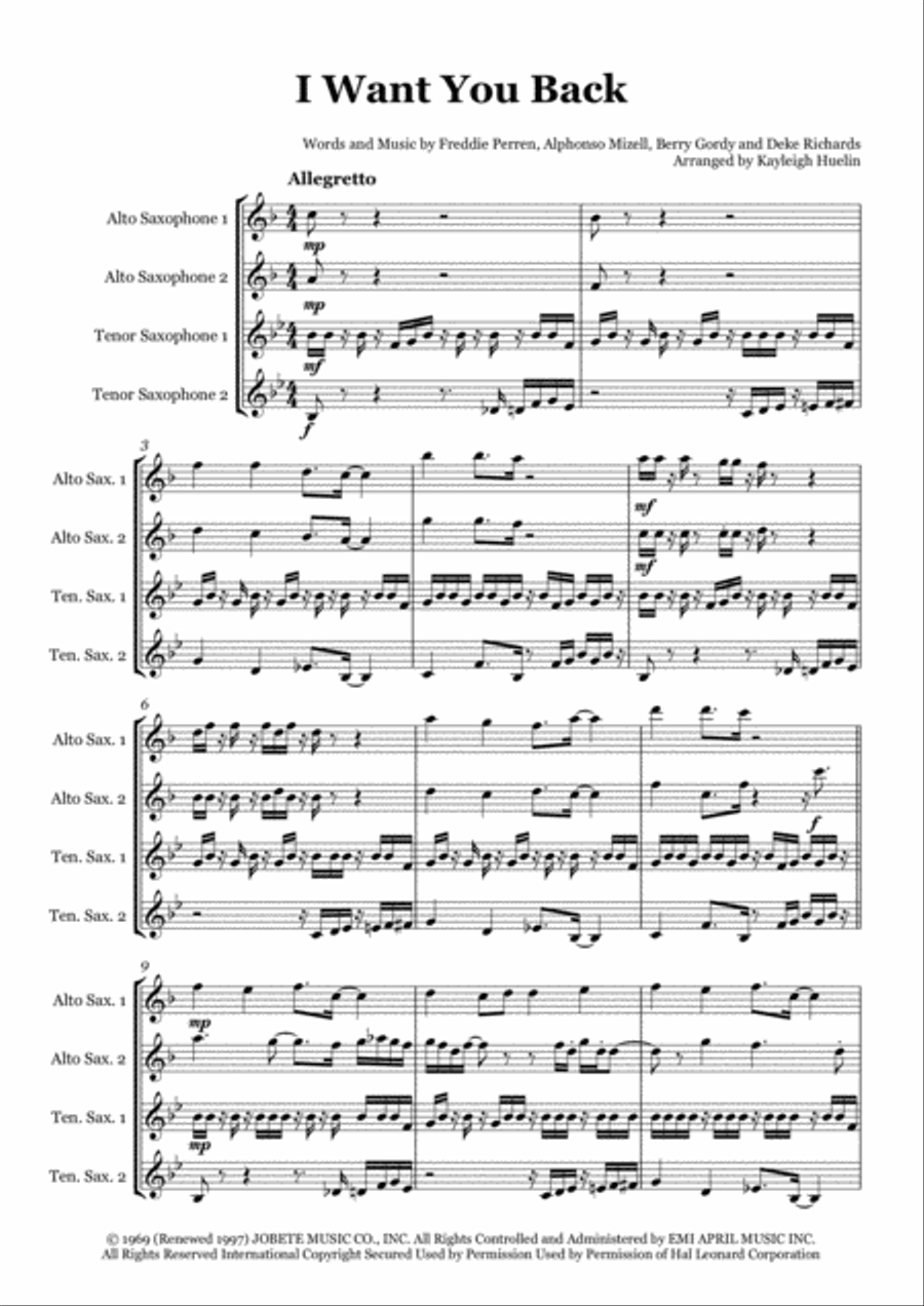 I Want You Back Saxophone Quartet scores gallery preview page 1