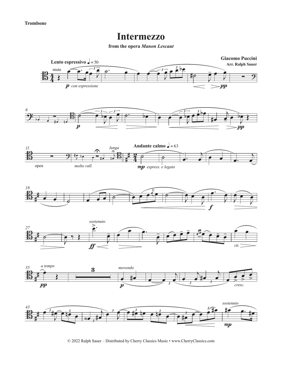 Intermezzo from the opera Manon Lescaut for Trombone and Piano Piano scores gallery preview page 1
