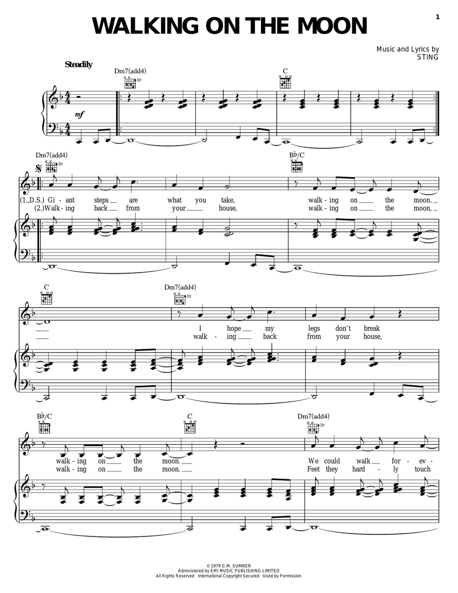 Walking On The Moon Piano, Vocal, Guitar scores gallery preview page 1