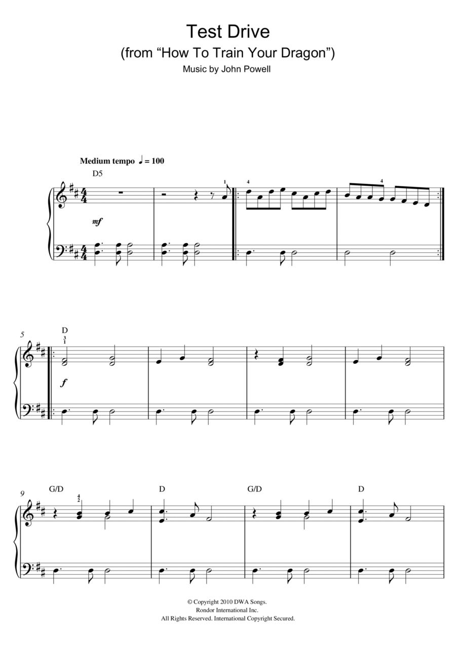 Test Drive (from How to Train Your Dragon) Easy Piano scores gallery preview page 1