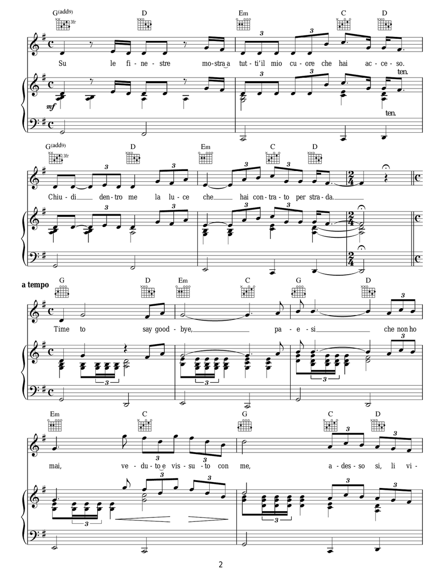 Time To Say Goodbye (Con Te Partiro) Piano, Vocal, Guitar scores gallery preview page 2
