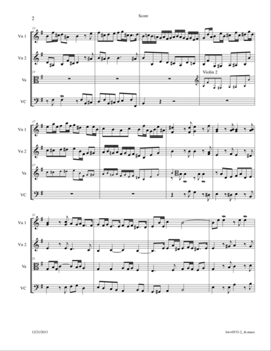 Bach: Fugue BWV 533 in E Minor arr. for String Quartet String Quartet scores gallery preview page 2