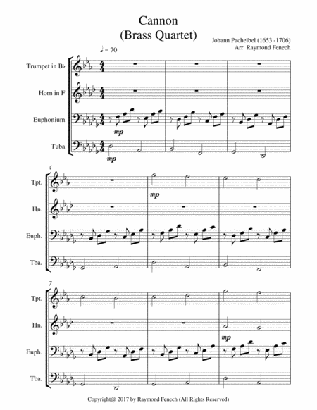 Canon - Johann Pachelbel - Brass Quartet ( B Flat Trumpet; Horn in F; Euphonium and Tuba - Intermedi image number null
