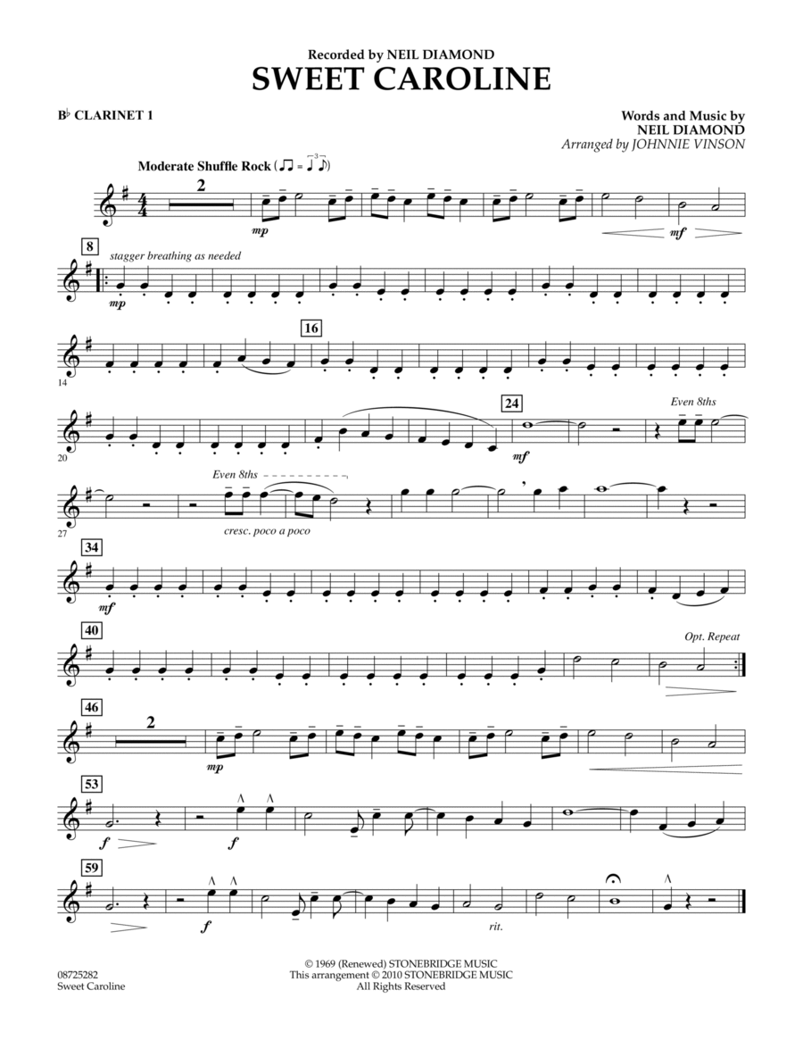 Sweet Caroline - Bb Clarinet 1 Concert Band scores gallery preview page 1