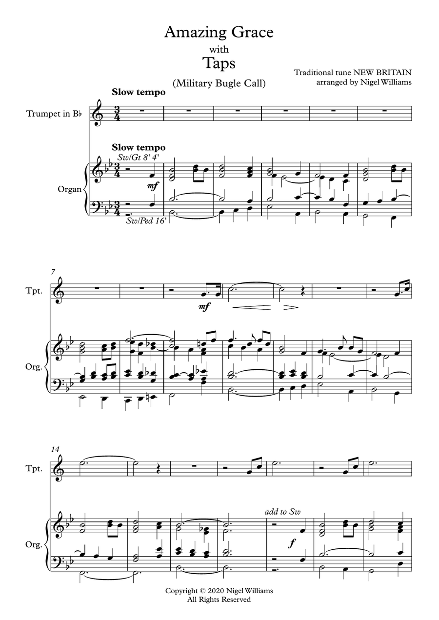Amazing Grace, for Organ, with Taps (Military Bugle Call), for Trumpet (Bugle) Trumpet Solo scores gallery preview page 2