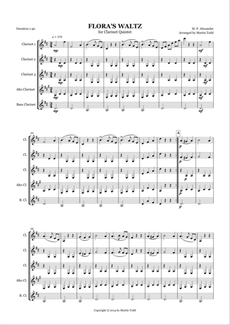 Flora's Waltz for Clarinet Quintet Clarinet Quintet scores gallery preview page 1