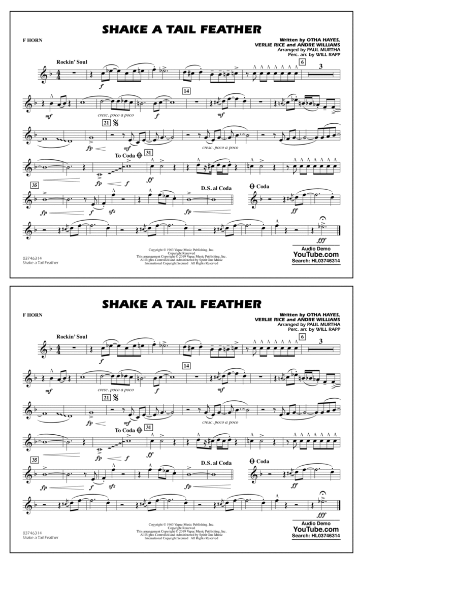 Shake a Tail Feather (arr. Paul Murtha) - F Horn Horn scores gallery preview page 1