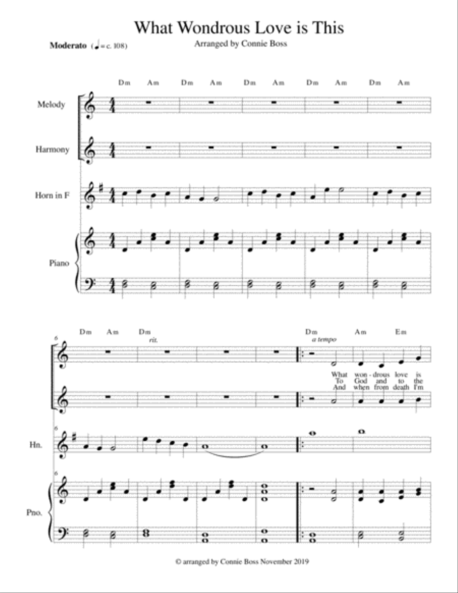 What Wondrous Love is This - Original Lyrics - french horn in F, vocal duet and piano Small Ensemble scores gallery preview page 1