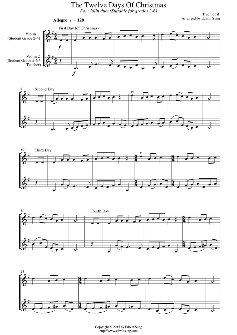 The Twelve Days Of Christmas (for violin duet, suitable for grade 2-6) String Duet scores gallery preview page 1