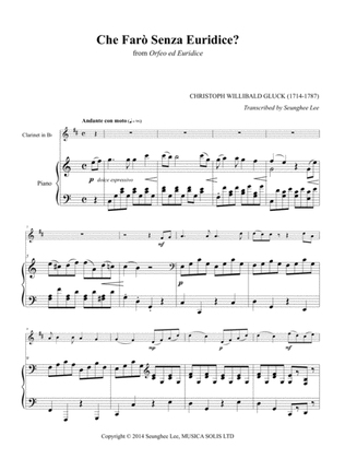 Gluck: Che Faro Senza Euridice for Clarinet and Piano