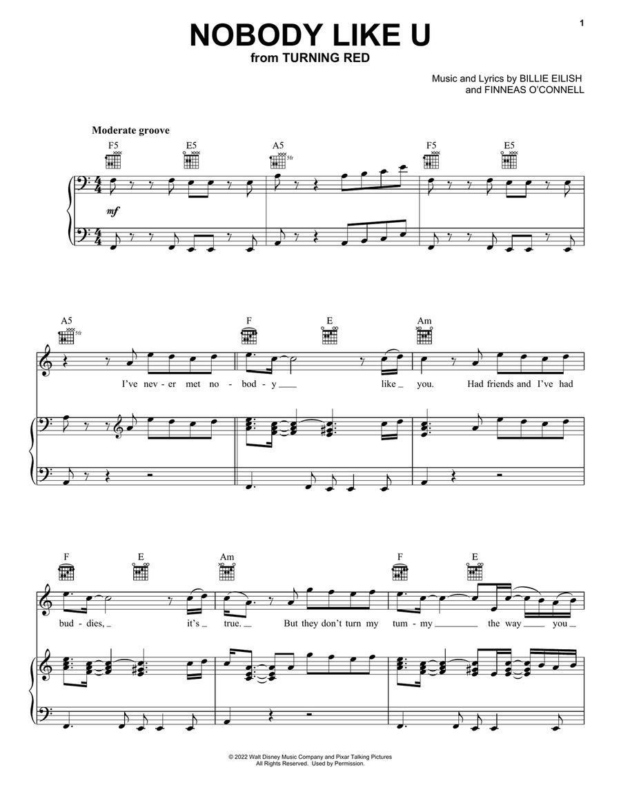 Nobody Like U (from Turning Red) Piano, Vocal, Guitar scores gallery preview page 1