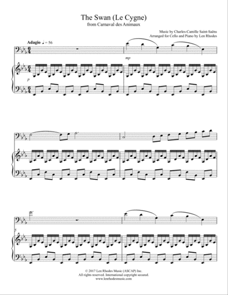 Charles-Camille Saint-Saëns - The Swan (Carnival of the Animals), transcribed for Cello and Piano Piano scores gallery preview page 1