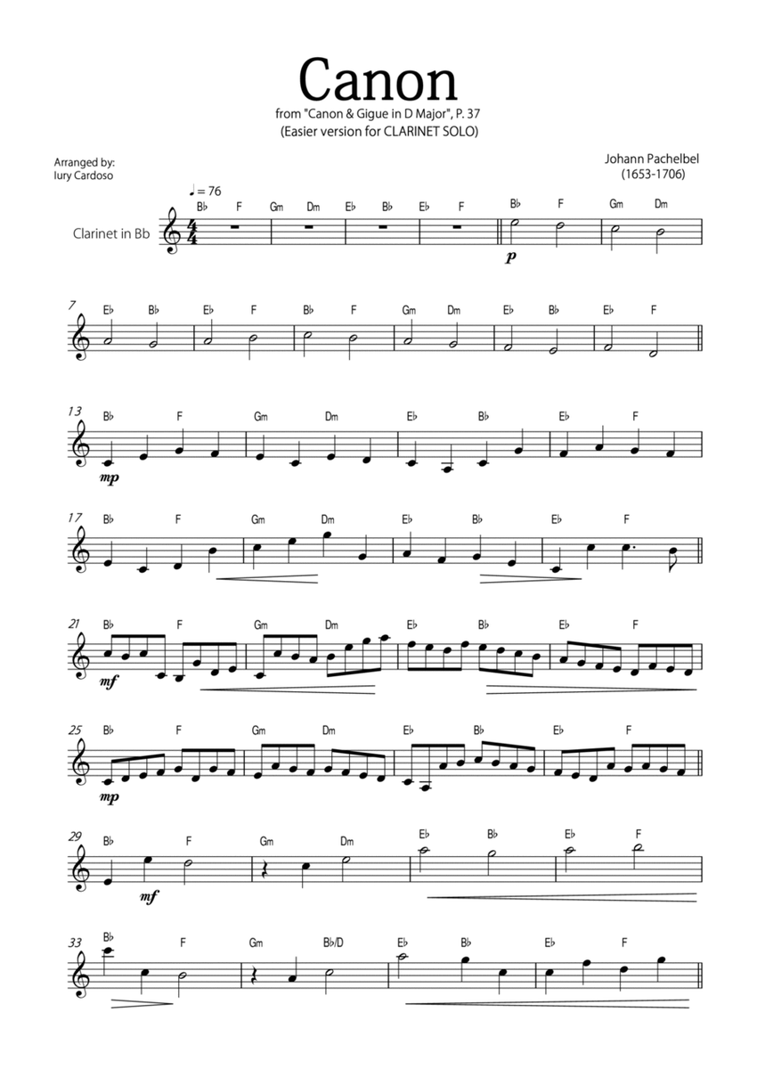 "Canon" by Pachelbel - EASY version for CLARINET SOLO. image number null