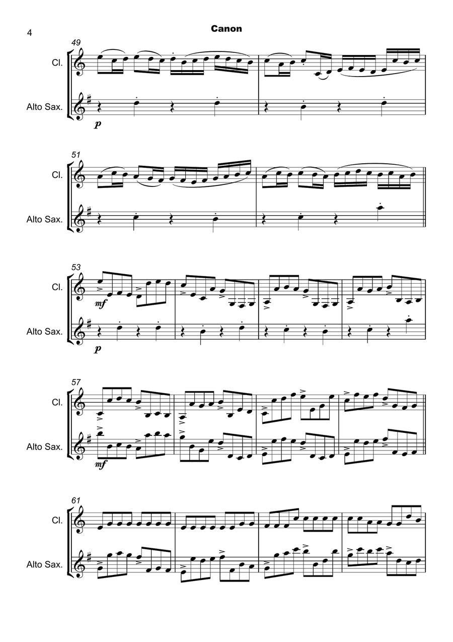 Pachelbel's Canon, Clarinet and Alto Saxophone Duet (with optional bass part) Woodwind Duet scores gallery preview page 5