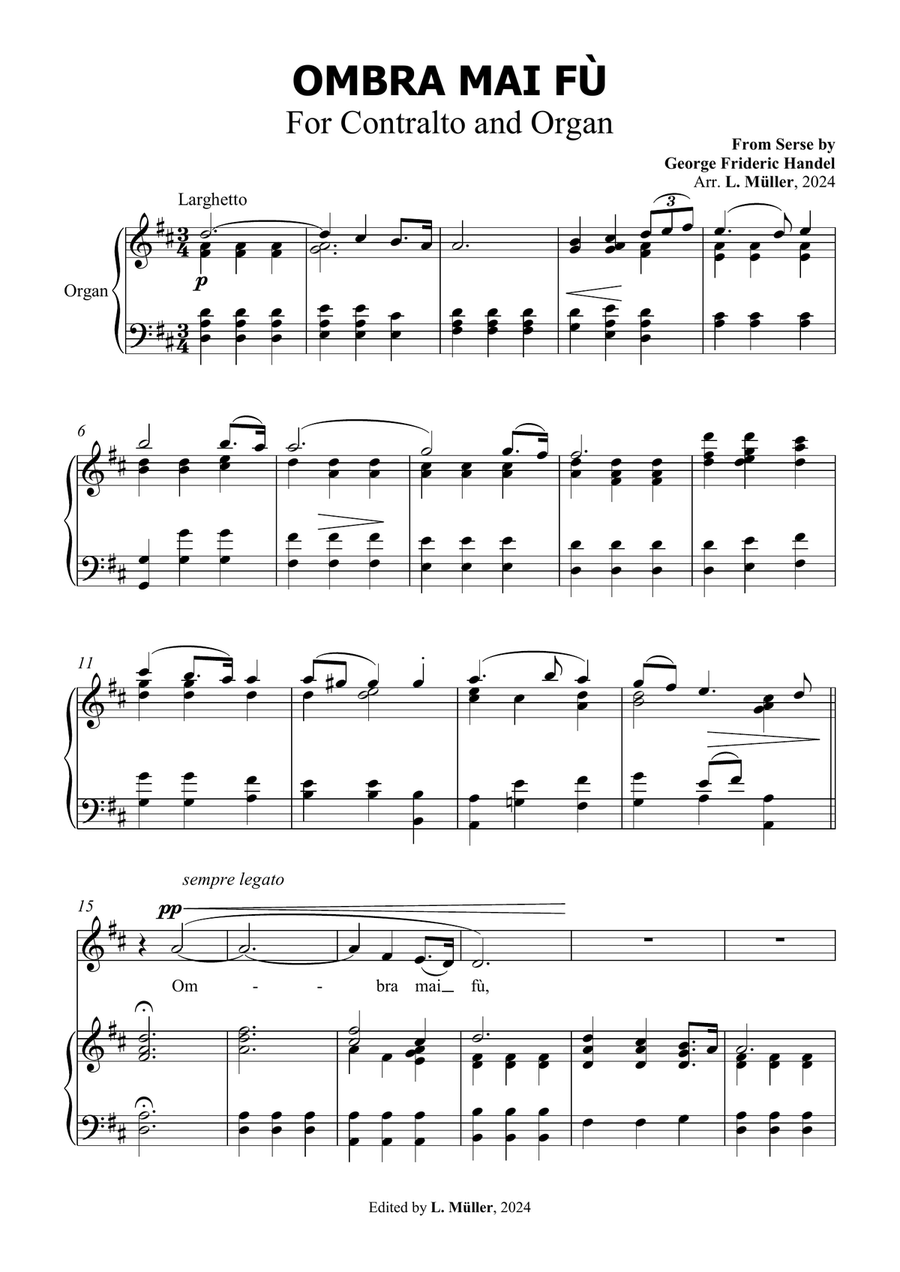 Book cover for Ombra Mai Fù - G. F. Handel - for Contralto Solo with Accompaniment in D Major