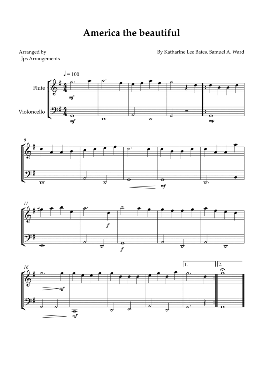 America the beautiful - duet for Flute and Cello Flute scores gallery preview page 1