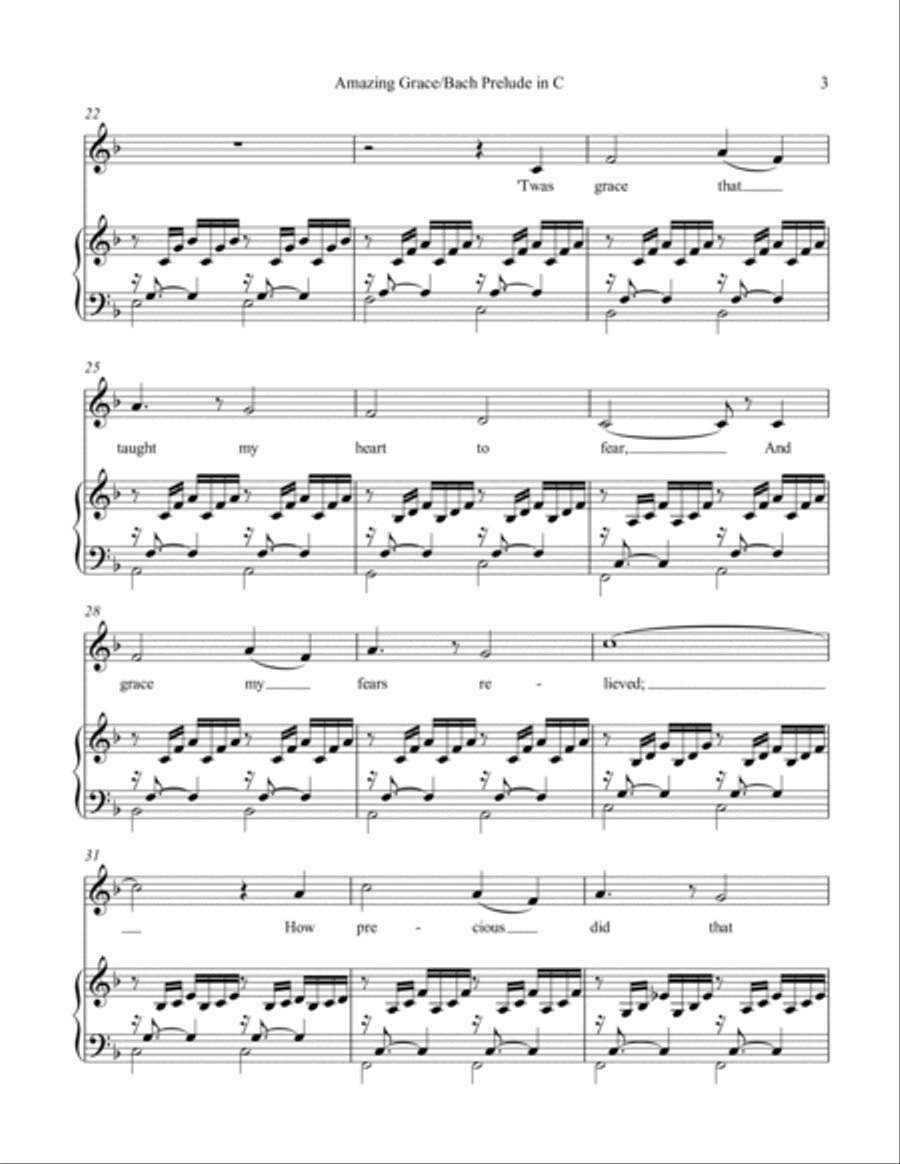 Amazing Grace/Bach Prelude in C, solo and accompaniment Voice scores gallery preview page 4