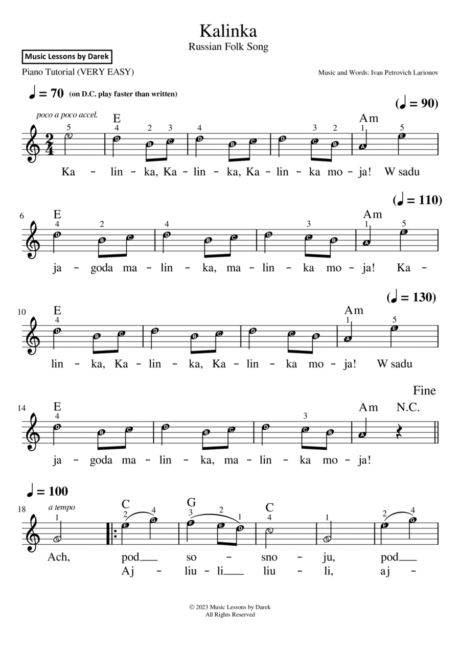 Kalinka (Russian Folk Song) [VERY EASY PIANO] Easy Piano scores gallery preview page 1