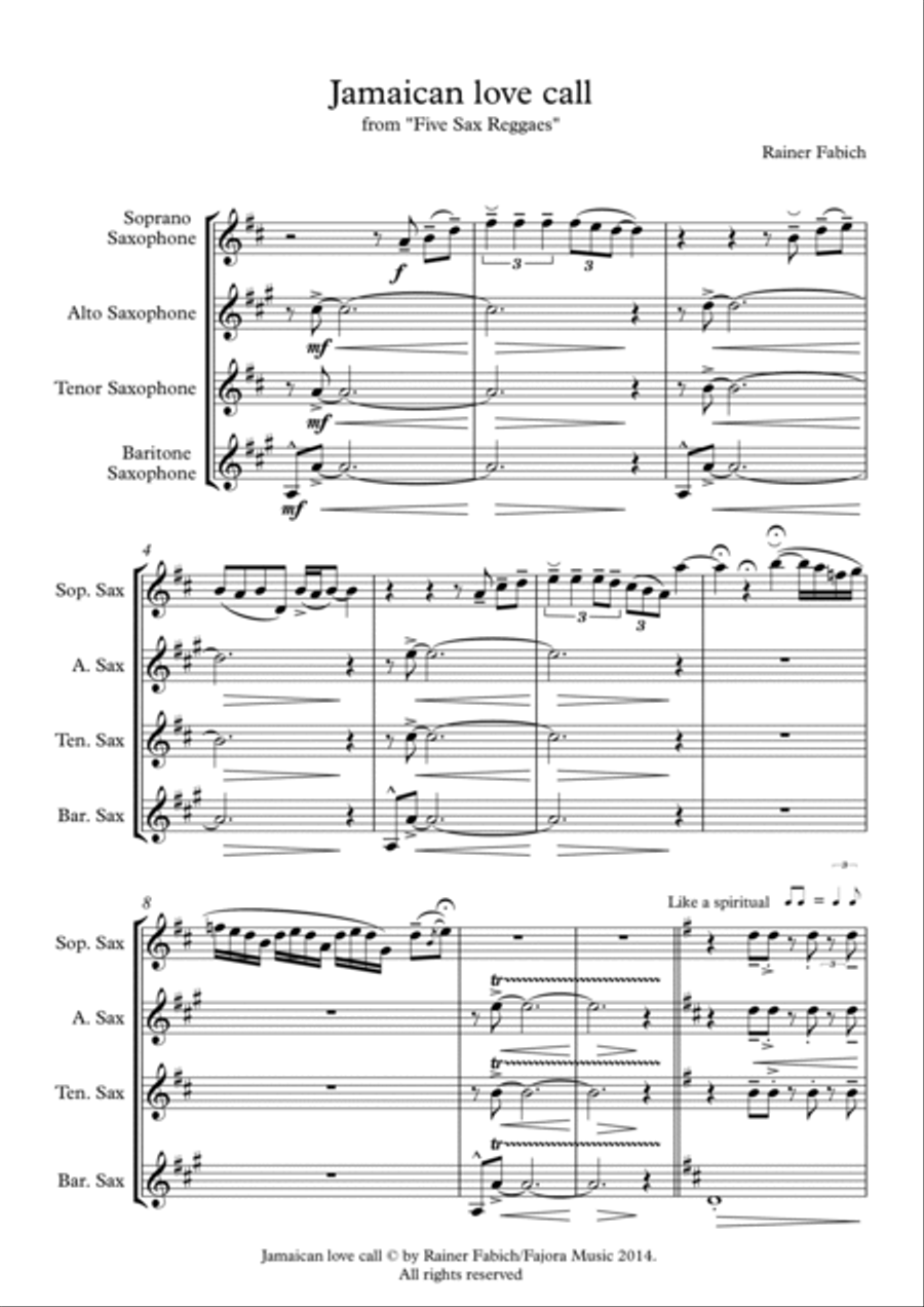 Jamaican Love Call from Five Sax Reggaes Woodwind Quartet scores gallery preview page 2