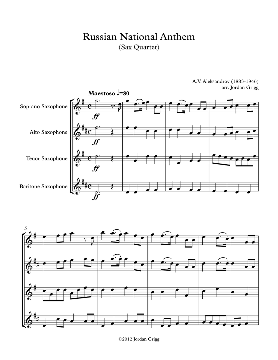 Russian National Anthem (Sax Quartet) Saxophone Quartet scores gallery preview page 1