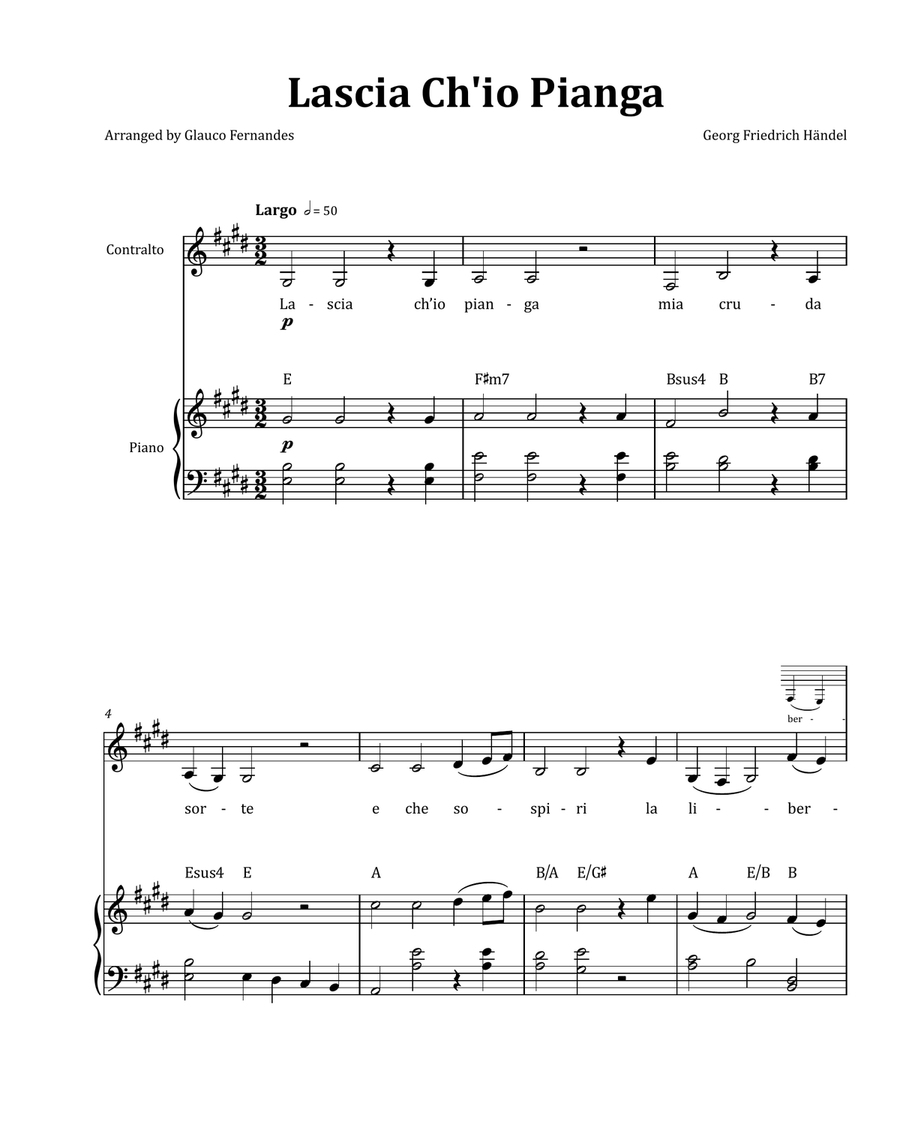 Lascia Ch'io Pianga by Händel - Contralto & Piano in E Major with Chord Notation Chamber Music scores gallery preview page 1