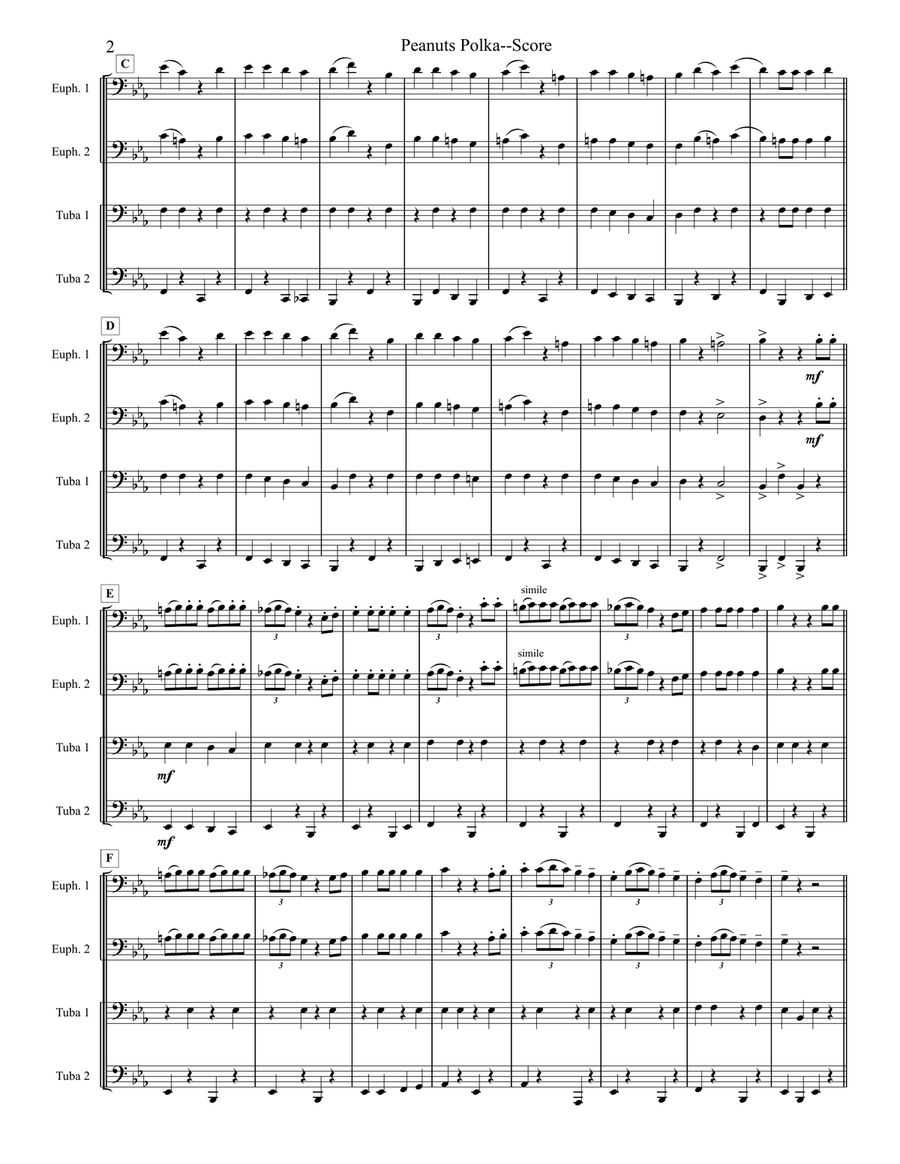 Peanuts Polka - Tuba/Euphonium Quartet Brass Ensemble scores gallery preview page 2