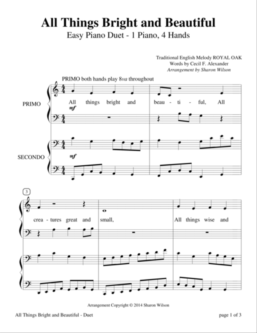 All Things Bright and Beautiful (Easy Piano Duet for 1 Piano, 4 Hands) Easy Piano scores gallery preview page 4