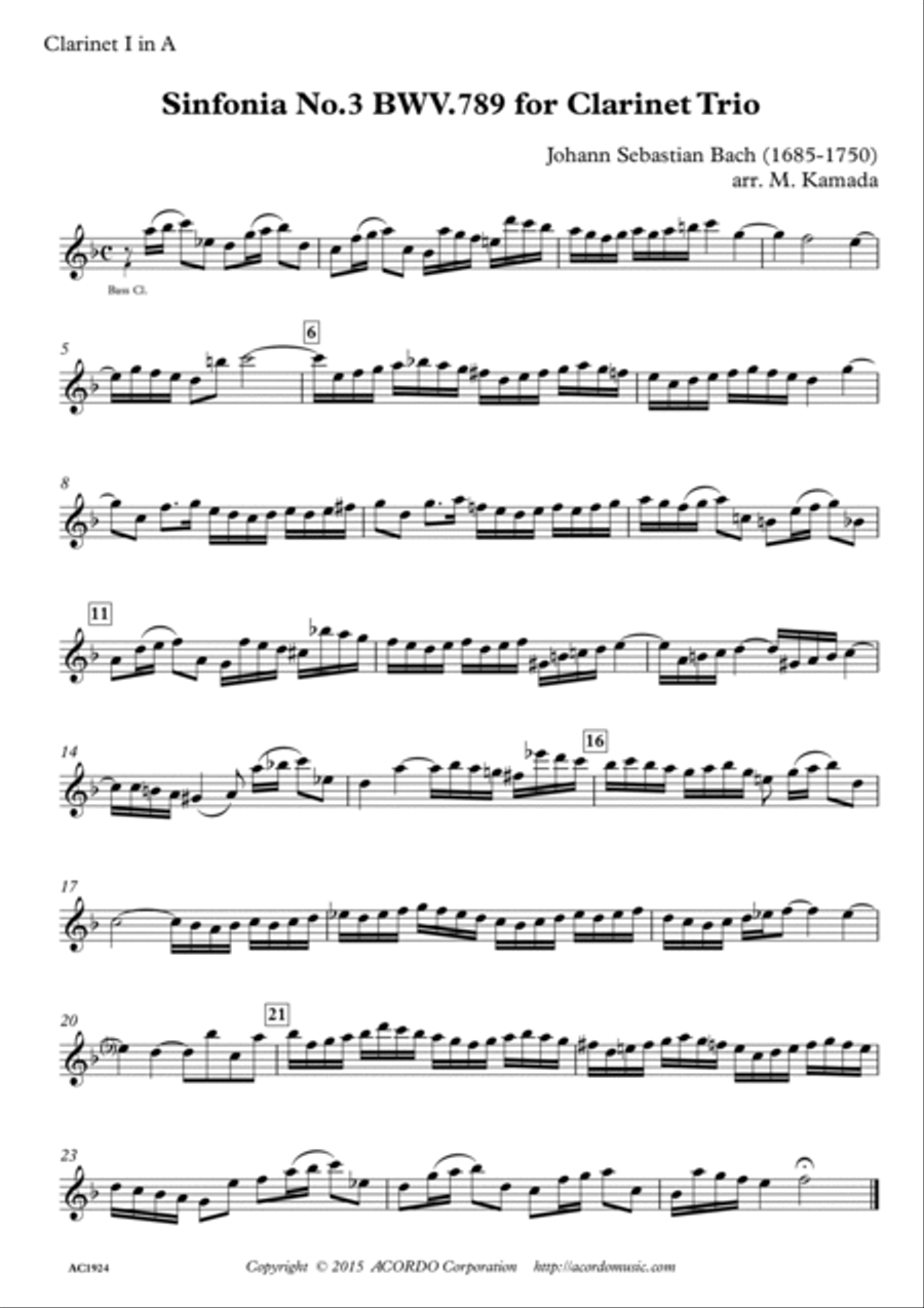 Sinfonia No.3 BWV.789 for Clarinet Trio Clarinet Trio scores gallery preview page 3