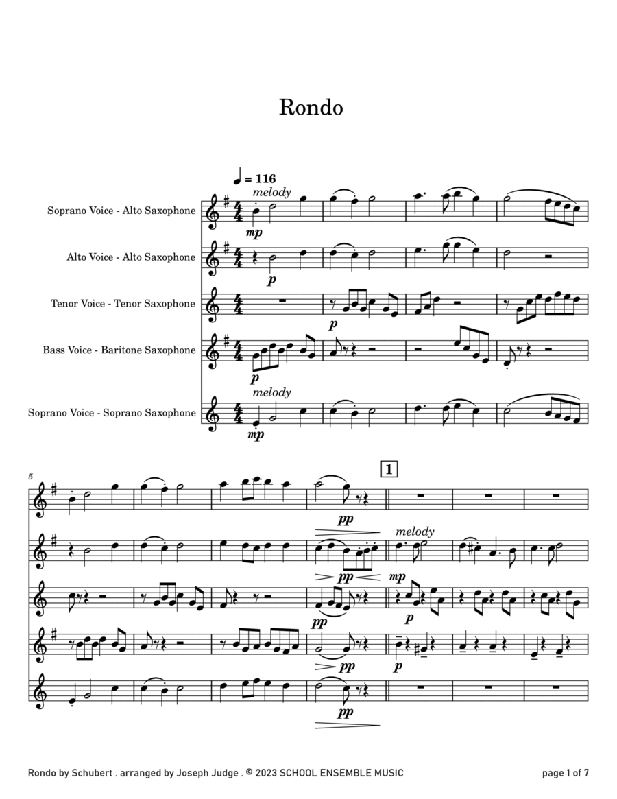 Rondo by Schubert for Saxophone Quartet in Schools Saxophone Quartet scores gallery preview page 1