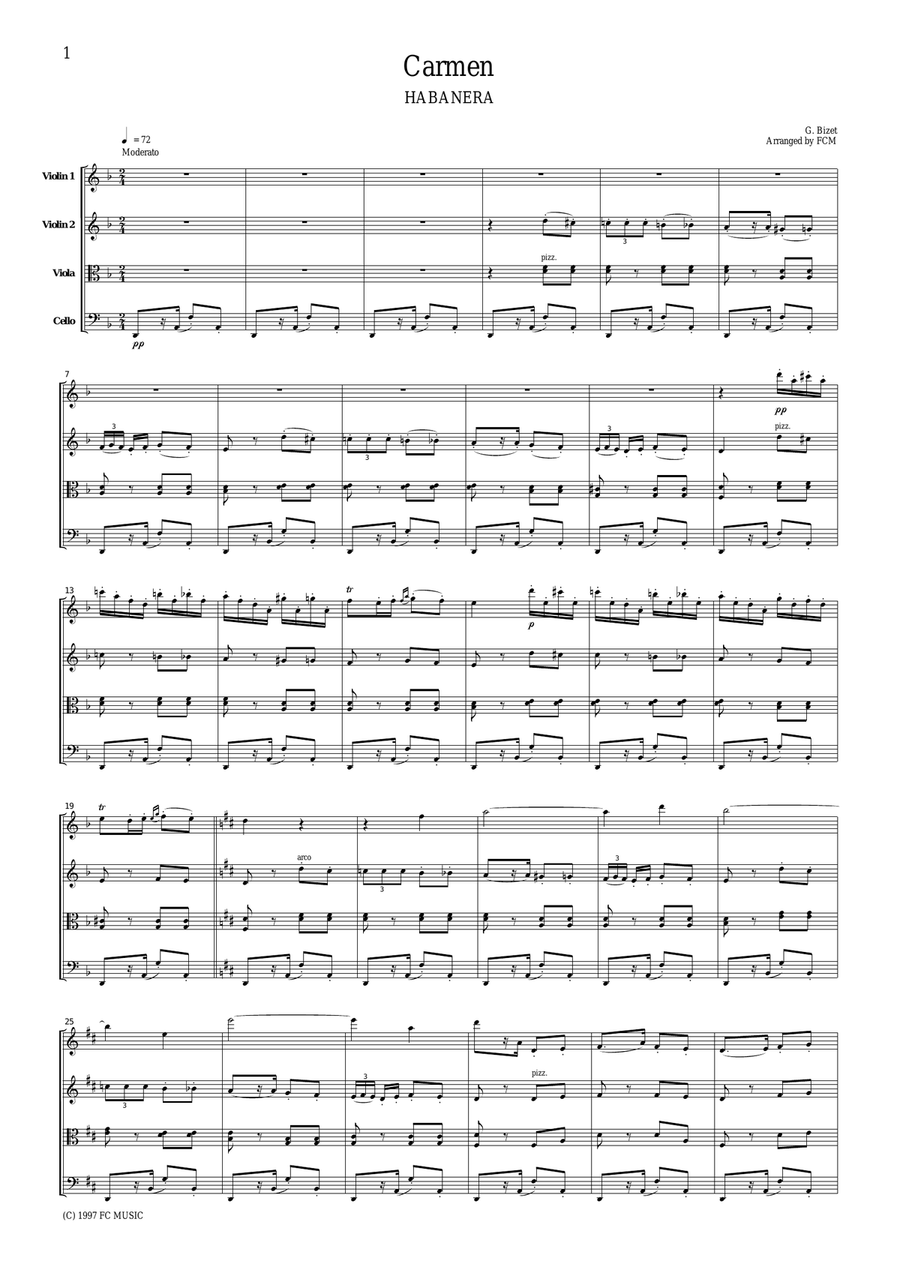 Bizet Habanera from Carmen, for string quartet, CB102 String Quartet scores gallery preview page 1