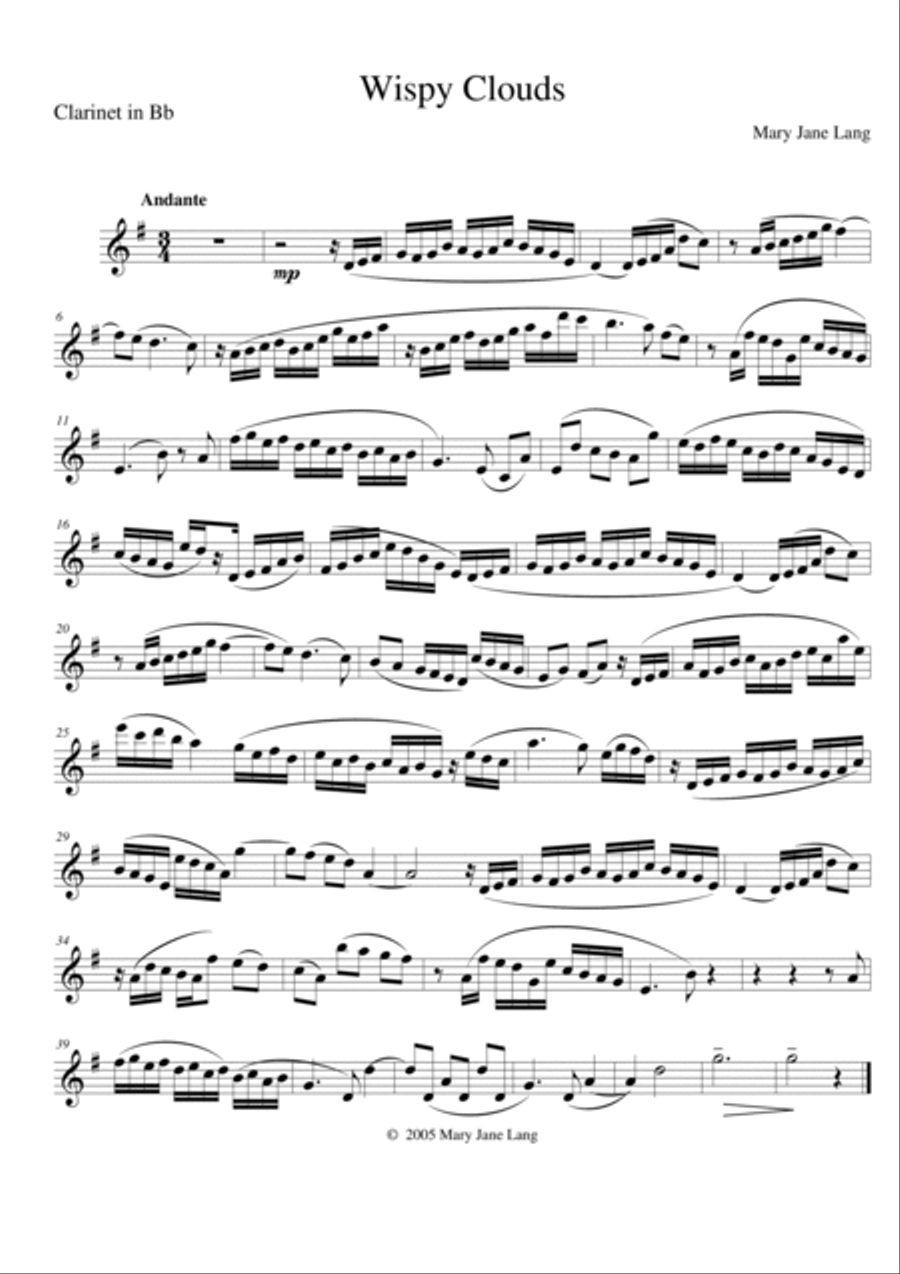 Wispy Clouds for Clarinet in Bb and Piano B-Flat Clarinet scores gallery preview page 3